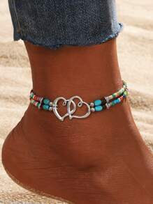 1pc Bohemian Layered Beaded Women's Hollow Double Heart Charm Ankle Bracelet Summer Beach Vacation Foot Jewelry Gift