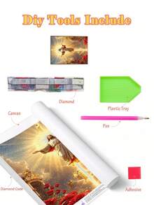 |5D DIY 钻石画|神圣的基督教宗教元素钻石画套装，上帝被光与花包围的帆布墙艺术印刷品。钻石艺术套装，家居装饰钻石画，DIY 自己的墙面艺术，享受动手的乐趣，送给朋友的最佳礼物