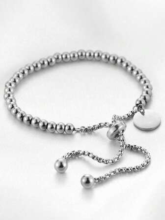 ZIRUISP 1pc Simple And Fashionable Stainless Steel Beaded Bracelet Round Pendant Adjustable Bracelet For Women Men For Engraving Daily Party Jewelry