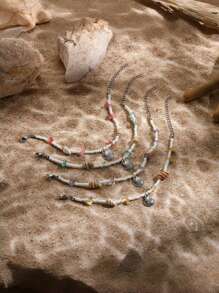 Women's Bohemian Seed Beaded Necklace Set, Hawaiian Handcrafted Turquoise Beach Bead Necklace Jewelry