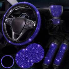7-Piece Set Of Shiny Car Steering Wheel Cover, With Cup Holder Coaster And Gear Shift Knob Cover, Polyester Fiber Car Diamond Steering Wheel Cover Set, Seat Belt Cushion And Start Button Ring, Universal, No Inner Ring