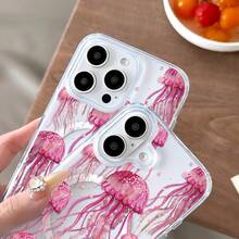 Pink Jellyfish Art Element Pattern Printing Mobile Phone Case Is Suitable For IPhone16 15 14 13 12ProMAX Soft Edge 11 Shock-Proof Protective Case, Suitable For Gifts For Male And Girlfriend - trong suốt - Xem 3