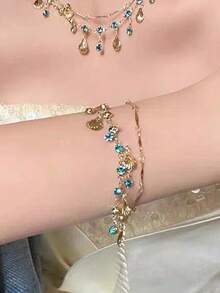 1pc Shell & Zirconia Tassel Double-Layer Bracelet, Copper Material Bohemian Ocean Style Pendant Bracelet, Suitable For Women Beach Holiday & Daily Wear - Multicolor - View 3
