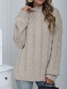 Plus Size Cable Knit Pullover Sweater, Dropped Shoulder Long Sleeve Crew Neck Warm Knitted Top Vacation - Khaki - View 4