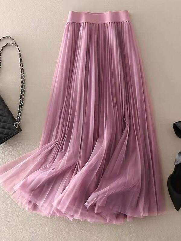 Falda plisada elegante de malla con línea A para mujer LuminousWealth, adecuada para uso casual u oficina, minimalista y grácil | Falda de malla de poliéster, apta para todas las estaciones, excelente para Navidad y Año Nuevo