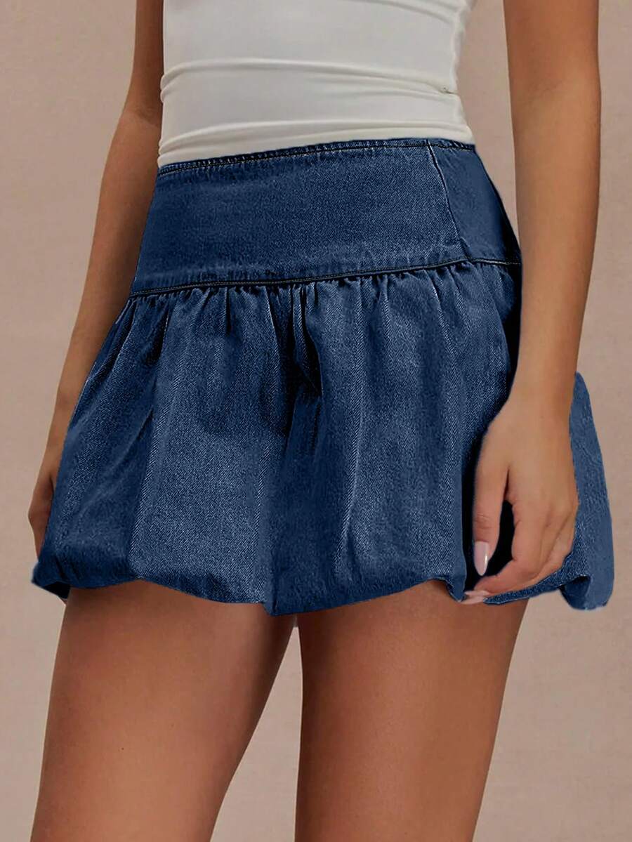 High Waist  Denim Mini Skirt For Women - Solid Color Summer Casual Chic Jean Skirt With Elegant Sweet Style - 深色水洗藍 - 查看 1