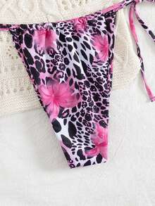 两件套豹纹和花卉印花性感露背自系比基尼，波西米亚风格女士泳衣，度假海滩装，夏季 - 粉色 - 查看 5