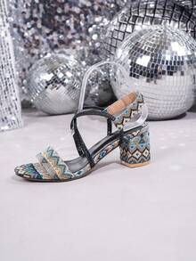 Women's Open Toe Woven Multi-Color Criss-Cross Elastic Strap Design Ankle Strap Chunky Heel Sandals, Boho Style, Vacation Style, Sandals, Elegant Casual Versatile Woven High Heel Sandals, Comfortable Lightweight Summer Holiday Shoes (Asymmetrical Print) - Multicolor - View 8