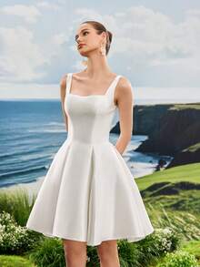 夏季巴洛克缎面生日派对婚礼宾客短礼服，白色优雅新娘送礼会礼服，新娘