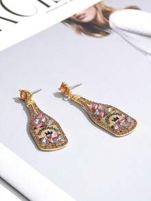 Colorful Rhinestone Fashionable Minimalist Earrings, Party Bottle Letter Stud Earring For Women, Spring - Gold - View 8