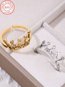 A 925 Silver Custom Fashion , Luxury Crown Hollow With English Name Custom Open Ring, Fashion Daily Banquet Party Music Festival Dance Party Dressing Accessories.