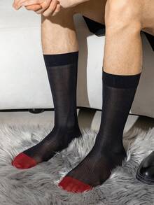 1 双男士薄款半透明纯色商务袜，适合春夏季，透气中筒正装袜，适合办公室和日常穿着