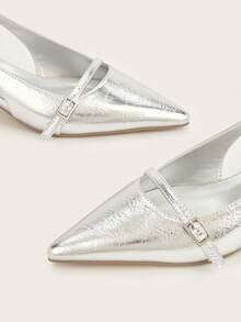Women's Metal Buckle Pointed Toe High Heel Pumps, Spring/Summer - Silver - View 5