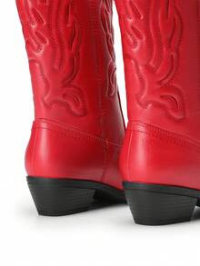 Women's Cowboy Boots Embroidery Stitching Pull-On  Almond Pointed Toe Chunky Heel Fashion Matching Dress Red Mid-Calf Boots - Đỏ - Xem 10