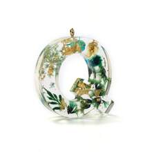 1pc Resin Dried Flower Letter Pendant, Floral Leaf & Golden Sequin Design, For DIY Keychains, Bag Charms, Etc.