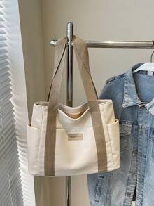 Simple Large Capacity Shoulder Tote Bag, Classic Large Handbag For Women - Beige - View 2