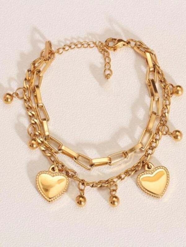 1 pieza Brazalete de mujer con capas de cadena, campana y corazón de aleación metálica