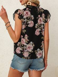 Women's Summer New Ruffled Collar Pleated Blouse, Casual Vacation Travel Ladies Floral Chiffon Shirt, Elegant Short Sleeve Ruffle Hem Pullover Top - Black - View 2