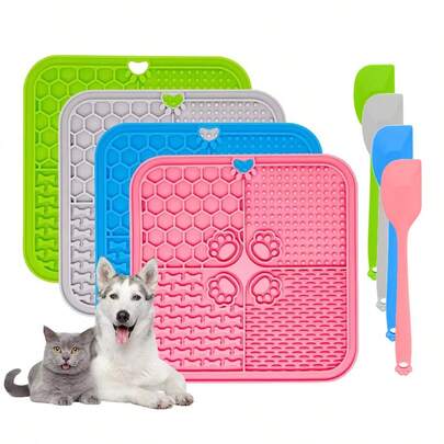 4-Compartment Pet Slow Feeder Mat, 12 Colors, With Dedicated Scraper & Spreading Spoon, Silicone, Suction Cup, Wall-Mounted, Cats & Dogs Lick Mat