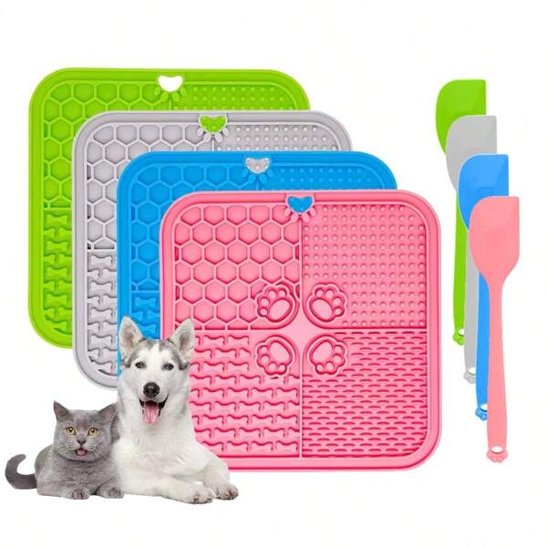 1 pezzo tappetino per alimentazione lenta per animali domestici con 4 scomparti, 11 colori, inclusi raschietto e attrezzo di distribuzione, in silicone, con ventosa, montabile a parete, adatto per gatti e cani