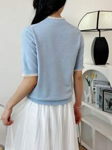 Summer New Arrival Simplistic Lace Trim Blue Short Sleeve Knit Top
