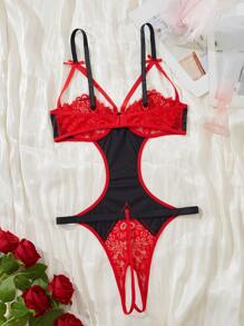 Lencería de talle alto para mujer con detalles de encaje con costuras, diseño atractivo con lazos, ropa de dormir de dormitorio, lencería íntima para el Día de San Valentín, atuendo lujoso adecuado para citas