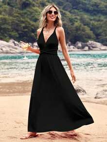 女士休闲度假性感纯色露背束腰连衣裙