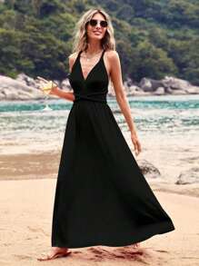 Women Casual Vacation Sexy Solid Color Halter Backless Cinched Waist Dress