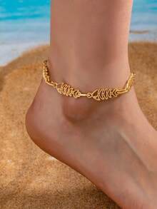 1pc Women Fishbone Design Anklet, Stylish & Delicate, Suitable For Summer Party & Vacation Outfit - Golden - View 1