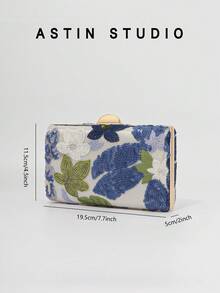 1pc Floral Sequin Decorated Clutch Bag, Elegant Party Purse, Romantic Blue Bridal Wedding Handbag, Luxury Shiny Evening Bag Suitable For Balls, Galas, Gifts With Detachable Chain - Blue - View 4