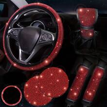 7-Piece Set Of Shiny Car Steering Wheel Cover, With Cup Holder Coaster And Gear Shift Knob Cover, Polyester Fiber Car Diamond Steering Wheel Cover Set, Seat Belt Cushion And Start Button Ring, Universal, No Inner Ring