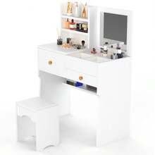 OYAJIA Vanity Table Set With Mirror - Makeup Vanity With 2 Large Drawers Vanity And Stool,Dressing Table With Drawers Mirror Stool Set Storage - White - View 9