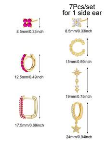 7 Stück/Set Ohrringe für Frauen, goldfarbene Ohrklemme mit Zirkonia, Ohrstecker, Creolen, Ohrringe für Frauen, Schmuckzubehör für den Strandurlaub - 7 Stück/Set (für 1 Seitenohr) - Übersicht 4