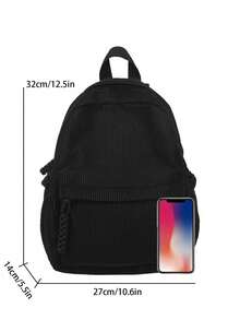 女士纯色灯芯绒针织拉链闭合中号背包。轻盈柔软，适合日常休闲使用。可用作小学生书包、购物袋或旅行包。 - 黑色 - 查看 4