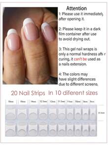 20 ongles Autocollants de gel french blanc semi-curé, film adhésif pour ongles couvrant complètement, autocollants de gel UV longue durée, convenant aux femmes et aux filles pour la décoration quotidienne des ongles