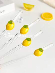 1/2/4 pièces Pailles en verre réutilisables transparentes incurvées avec tranches de citron jaune de dessin animé, brosse de nettoyage et embout de paille pour thé au lait, soda, eau pétillante, smoothies, maison, café, fête d'été, Pâques, fête des pères, cadeau pour amis et amoureux - Style 3 - Voir 4