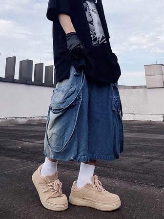 1 件男士实用多口袋牛仔短裤，复古美式宽松高街嘻哈休闲阔腿工装短裤