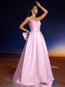 Anymoon Women's Formal Evening Dress, 3D Handmade Floral Decor, Suitable For Graduation Ceremony, Homecoming, And Wedding Occasions - Pink - View 7
