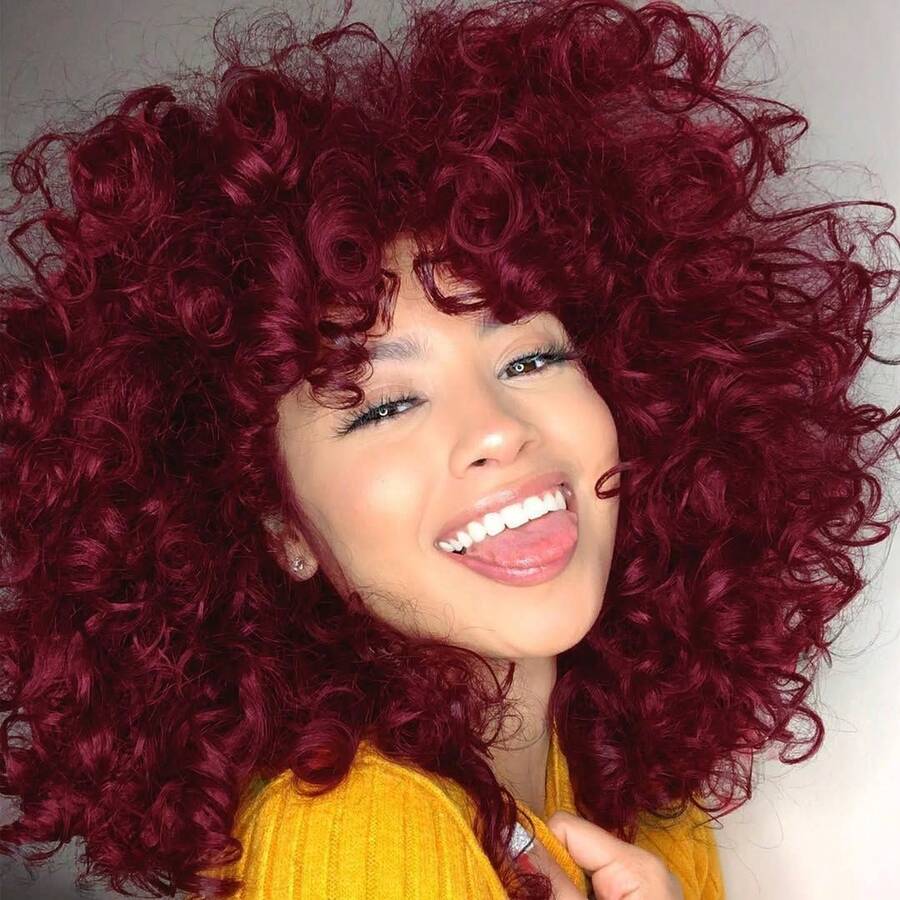 DZfirst Curly Wigs 14 Inch Short Curly Wig With Bangs Burgundy Heat Resistant Synthetic Fiber Hair Cosplay Wigs
