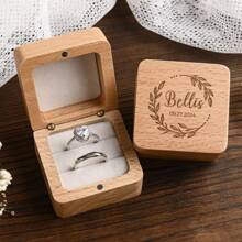 1 Pc Personalized Engagement Ring Box, Customized Engraved Wooden Ring Box, Double Slot Square Wedding Ring Box, Ring Bearer Box, Anniversary Gift For Her, Valentine's Day Gift, Mother's Day Gift