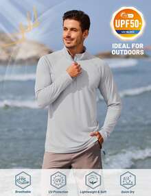FASBUCO Men's Long Sleeve Athletic Shirts 1/4 Pullover Zip Sun Protection Rash Guard UPF 50+ Outdoor Running T-Shirts - Light Grey - View 3