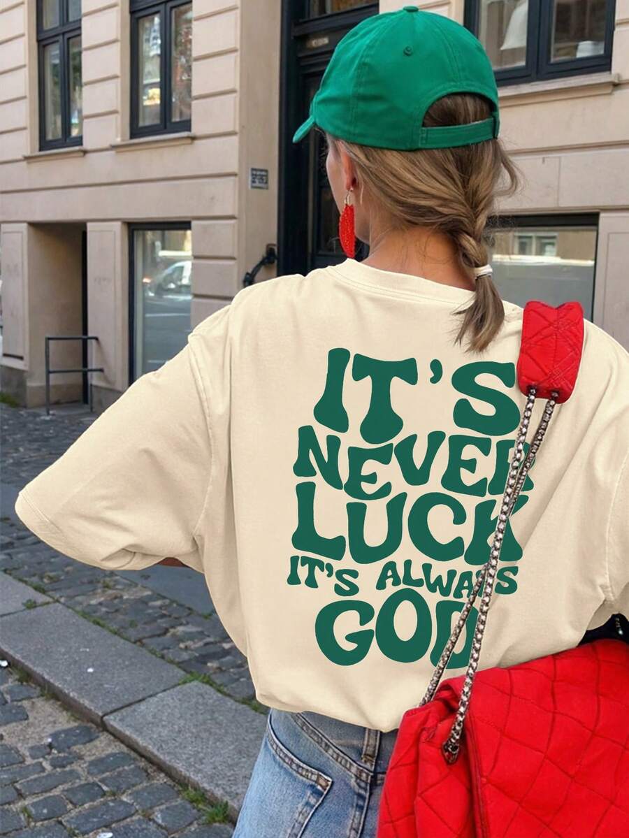 "Nothing Is Luck, It's All God's Will" Slogan Print Loose Casual Short Sleeve T-Shirt For Women, Summer Vintage Sports Lunar New Year Horse Pattern T-Shirt Chinese Zodiac Horse Graphic T-Shirt, Oriental Aesthetic Streetwear Inspired 2026 Milan Design St. Patrick's Day Lucky Short Sleeve T-Shirt Abstract Easter Bunny T-Shirt St. Patrick's Day Shirt - Fun Irish Green Party Top 2026 Back To School Outfit Inspiration, Campus Style Essential, First Day Of School Look - Apricot - View 1