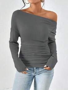 Women's Plain Minimalist Basic Ruched Asymmetrical Neck Drop Shoulder Tee, Elegance Mufti Clothes, Fall Long Sleeve T-Shirt For Everyday, Back To School T Shirts, Lady Clothes For Streetwear, Womenswear, Casual Wear - 深灰色 - 查看 2