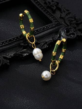 1 Pair Natural Baroque Freshwater Pearl Pendant Earrings, Enameled Bamboo Knot Earrings, Unique Party/Festival Design For Women