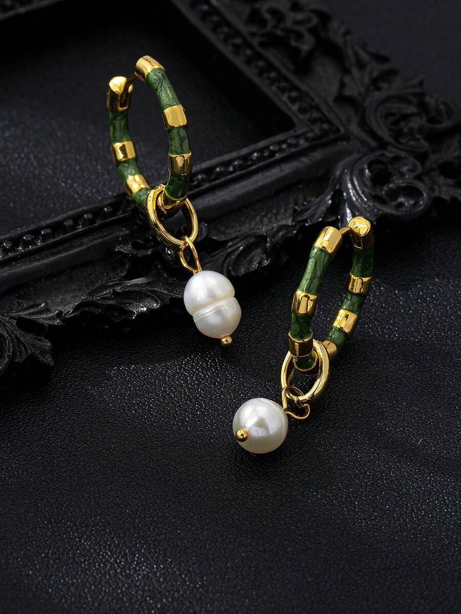 1 Cặp bông tai mặt dây chuyền ngọc trai nước ngọt Baroque tự nhiên, bông tai thắt nút tre tráng men, thiết kế tiệc/lễ hội độc đáo dành cho phụ nữ - màu xanh lá - Xem 1