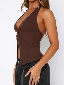 1pc Plain Fabric Asymmetric/Asymmetrical Twist Back Camisole Top, For Spring/Summer - Brown - View 5
