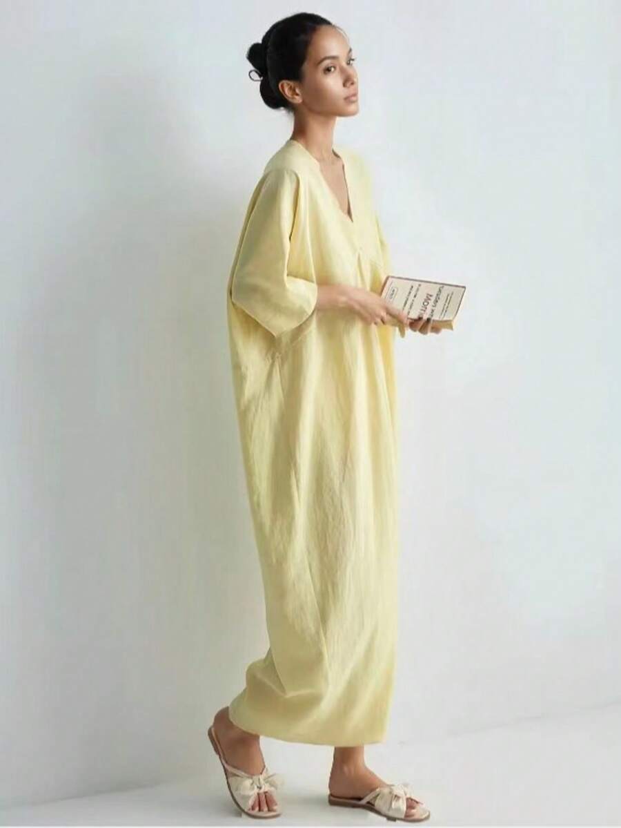 女士纯色休闲露背长裙 - 黃色 - 查看 1