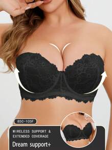 Plus Size Lace Patchwork Soft & Comfortable Side Button Front Closure Bra With Underwire And Removable Shoulder Strap