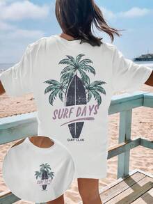 女士休闲度假短袖T恤，带有棕榈树和冲浪板图案，纯色圆领T恤，适合夏季，沙滩装 | 度假氛围上衣，休闲夏季 | 双面印花 - 白色 - 查看 3