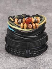 1 Set Of 4pcs Red Fashion Leather Bracelets, Unisex Adjustable Braided Leather Multi-Layers Bracelet, Retro Cuff Suitable For Daily Wear - Bracelet - View 4